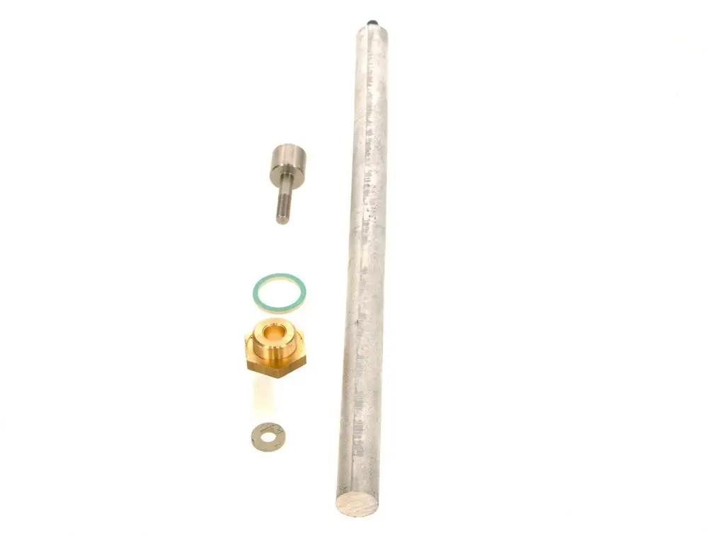 BOSCH Anode und Zubehörteile, bestehend aus einer langen Metallstange, einem kleinen Metallteil, einer Messingverschraubung, einer Dichtung und einer Unterlegscheibe.